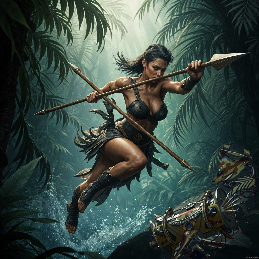 Amazonian Warrior Leaping Through Jungle, Dark Fantasy Art