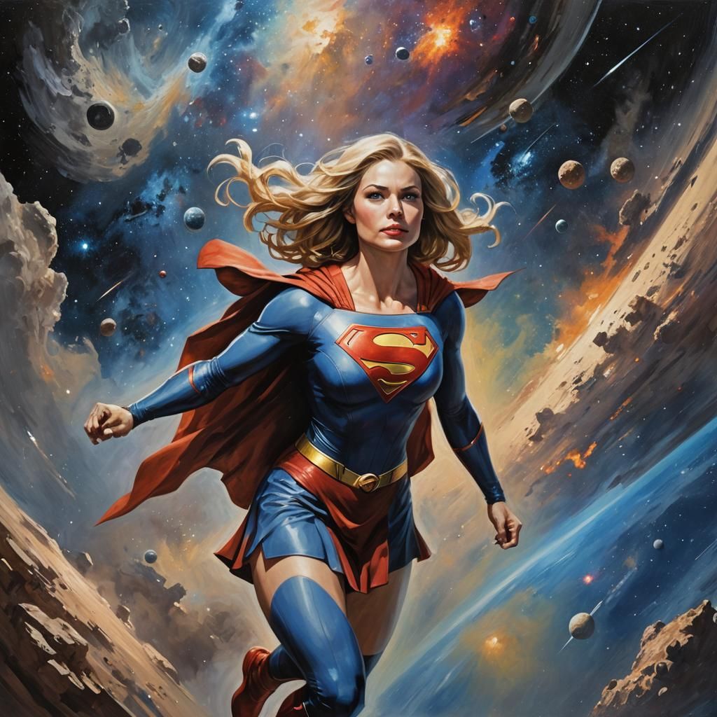 Supergirl in Space as Oil Painting