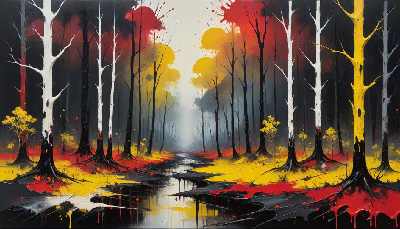 Surreal Oil Painting of Barren Forest in Contrasting Light