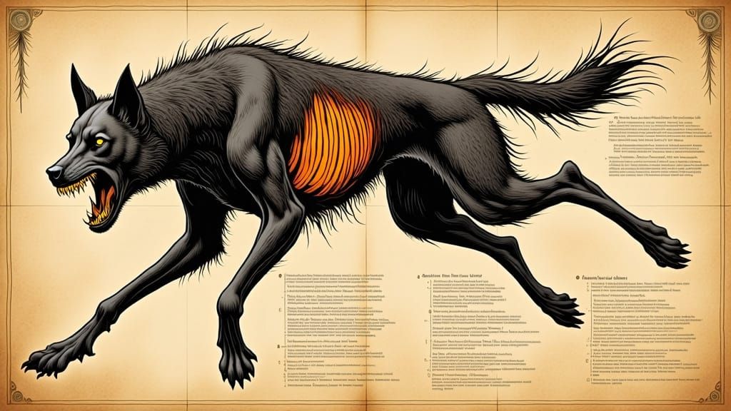 Glowing Hound in Mid-Air, Woodblock Style