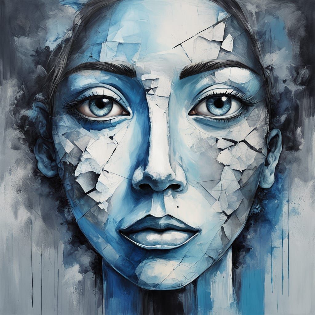 Abstract Face with Wide Eyes in Charcoal and Pastel