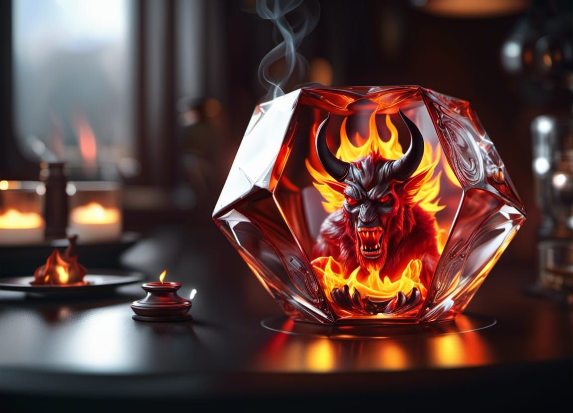Glass pentagonal prism with fire Devil