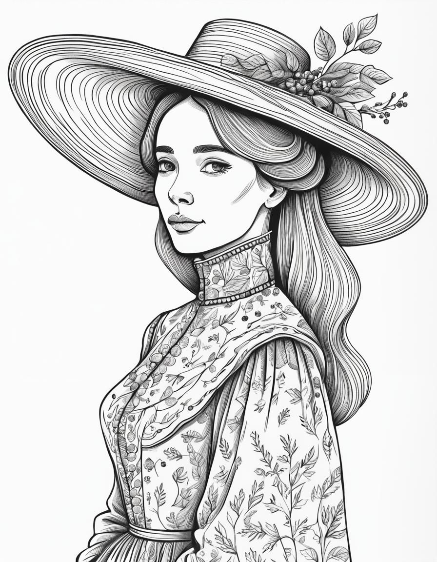 Line Drawing of Woman with Hat and Branch