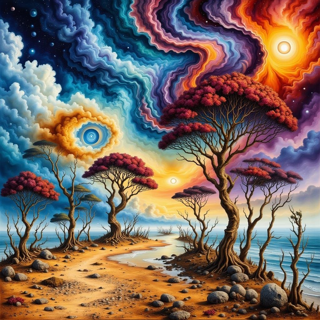 Surreal Beach Scene with Alien Creatures and Swirling Dust