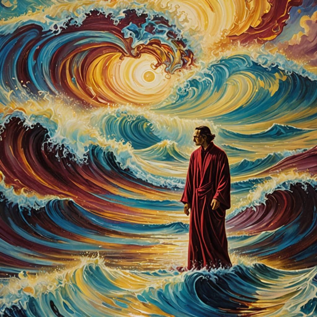 Surrealist Burgundy Figure in Dreamlike Oil Painting