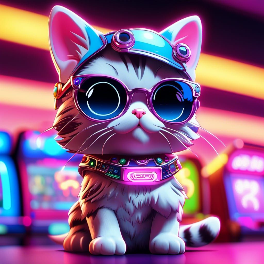 Kawaii Cat Gamer in Cyberpunk Neon Arcade