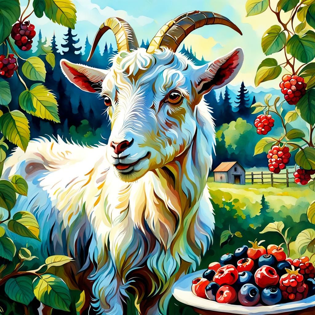 Cute goat eating berries at a goat farm in the summertime
