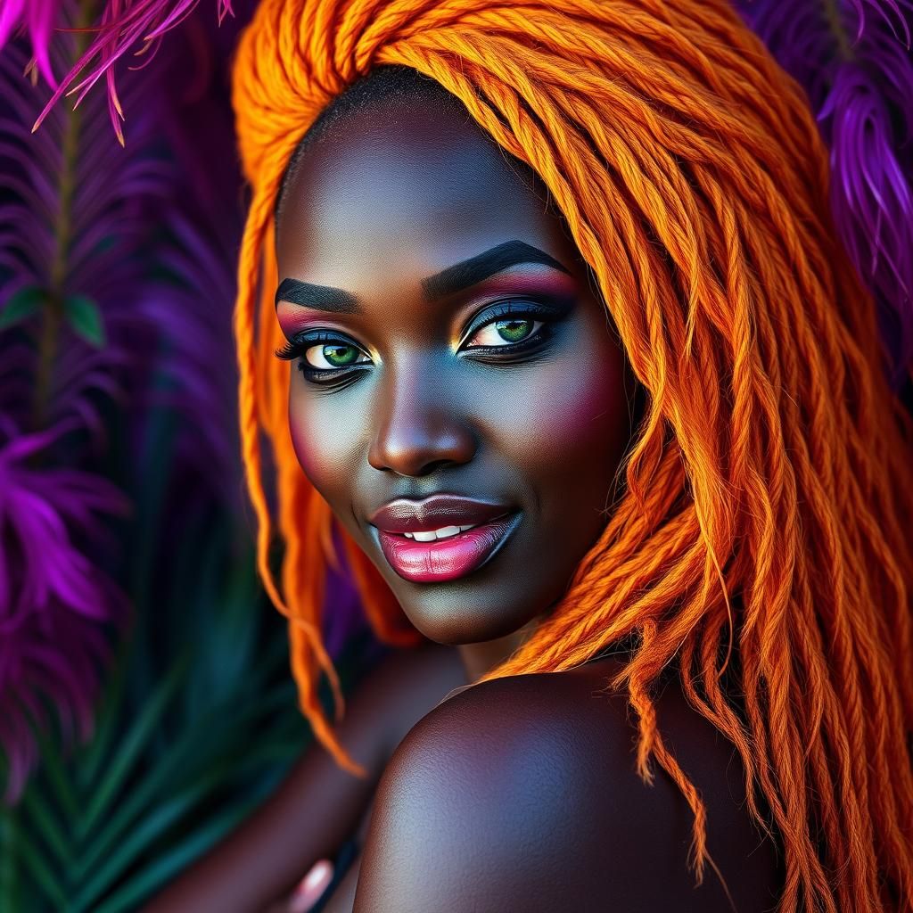 Ethereal African Woman with Rainbow Skin and Peacock Feather...