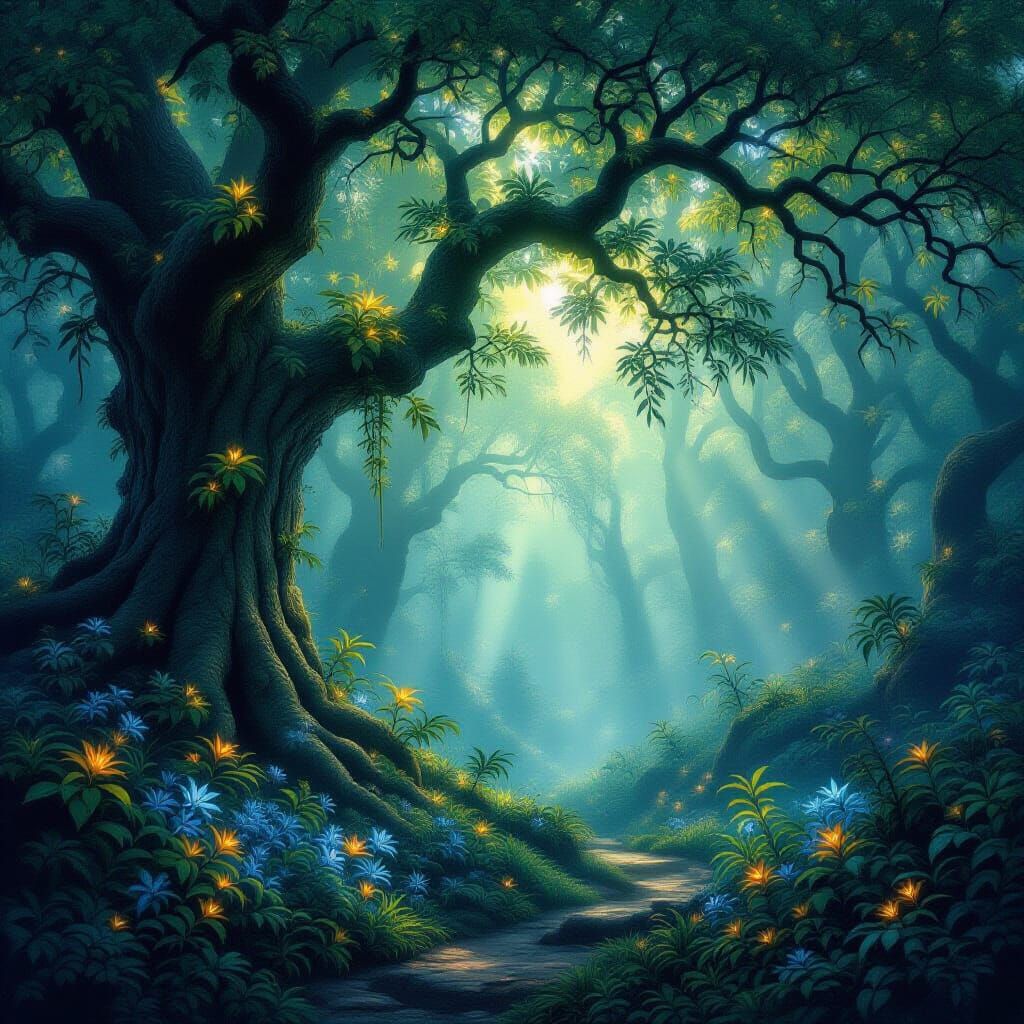 Mystical Sun-Dappled Forest with Glowing Flora