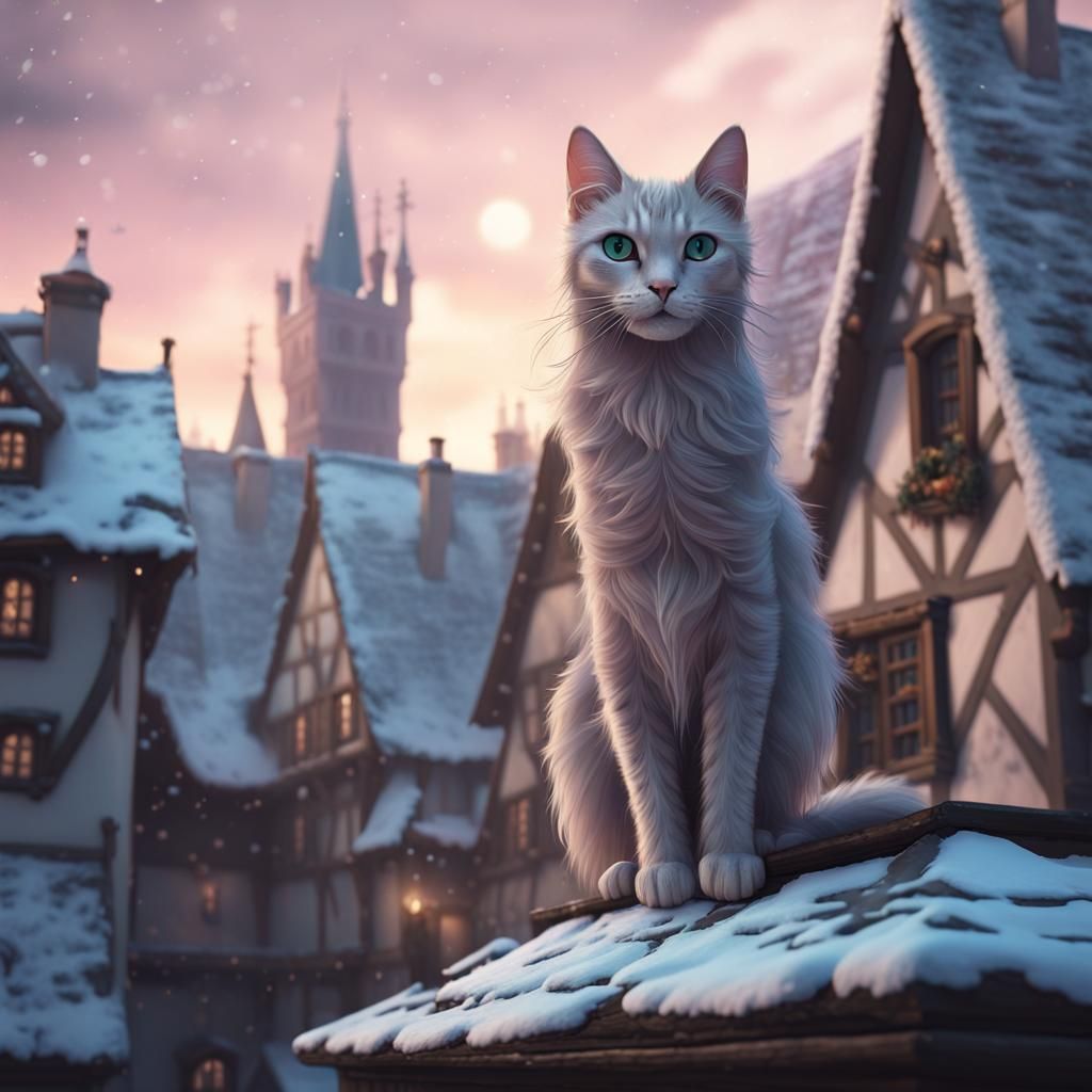 Cat on a Pastel Medieval Winter Street
