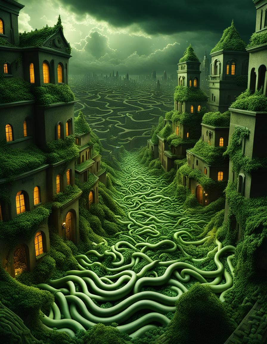 Eerie Dark Fantasy Maze Cityscape, Photorealistic Render