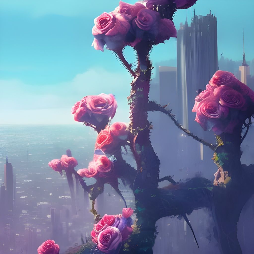 Roses Reach for Clouds in Watercolor Cityscape