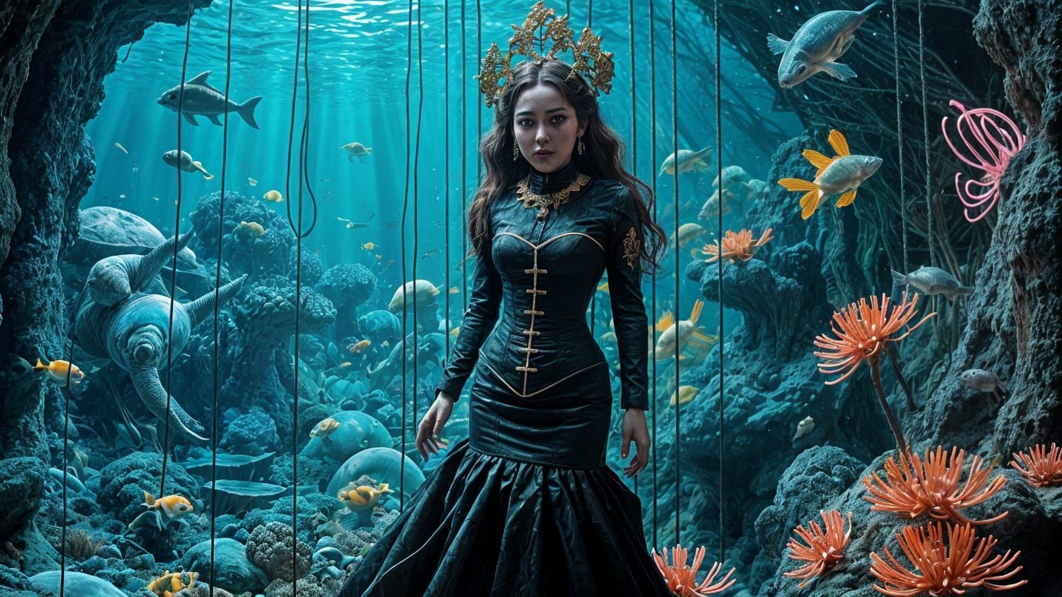 Porcelain Mermaid Marionette on Coral Reef Stage