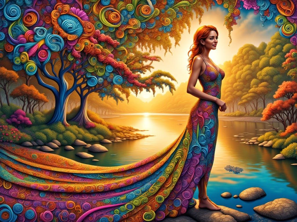 Serene Zentangle Goddess of the Radiant Riverscape