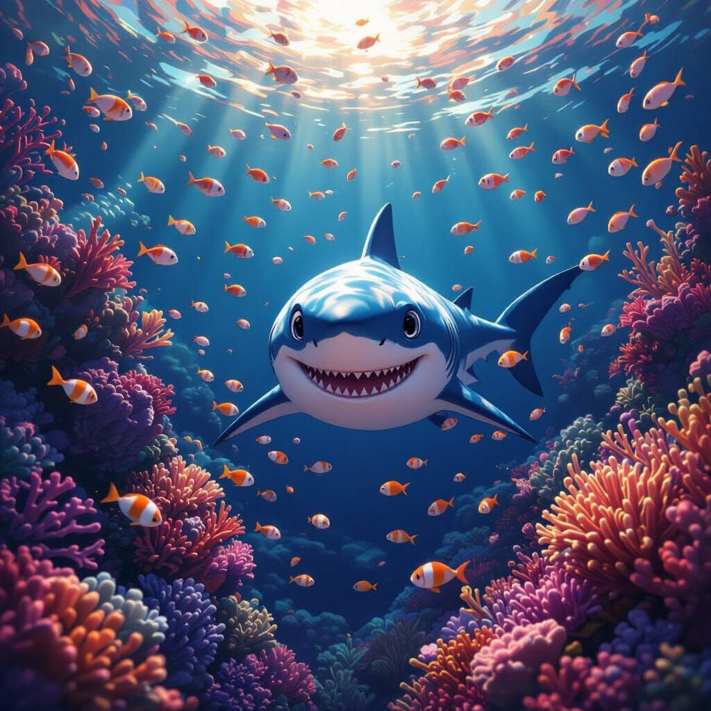 Friendly Shark Swims in Vibrant Deep Sea Anime