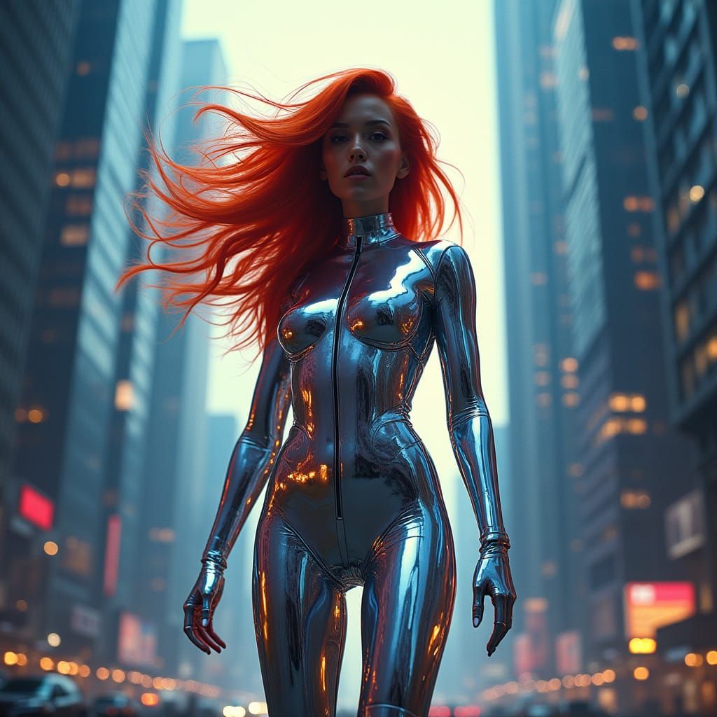 Cyberpunk Redhead in Futuristic Metropolis