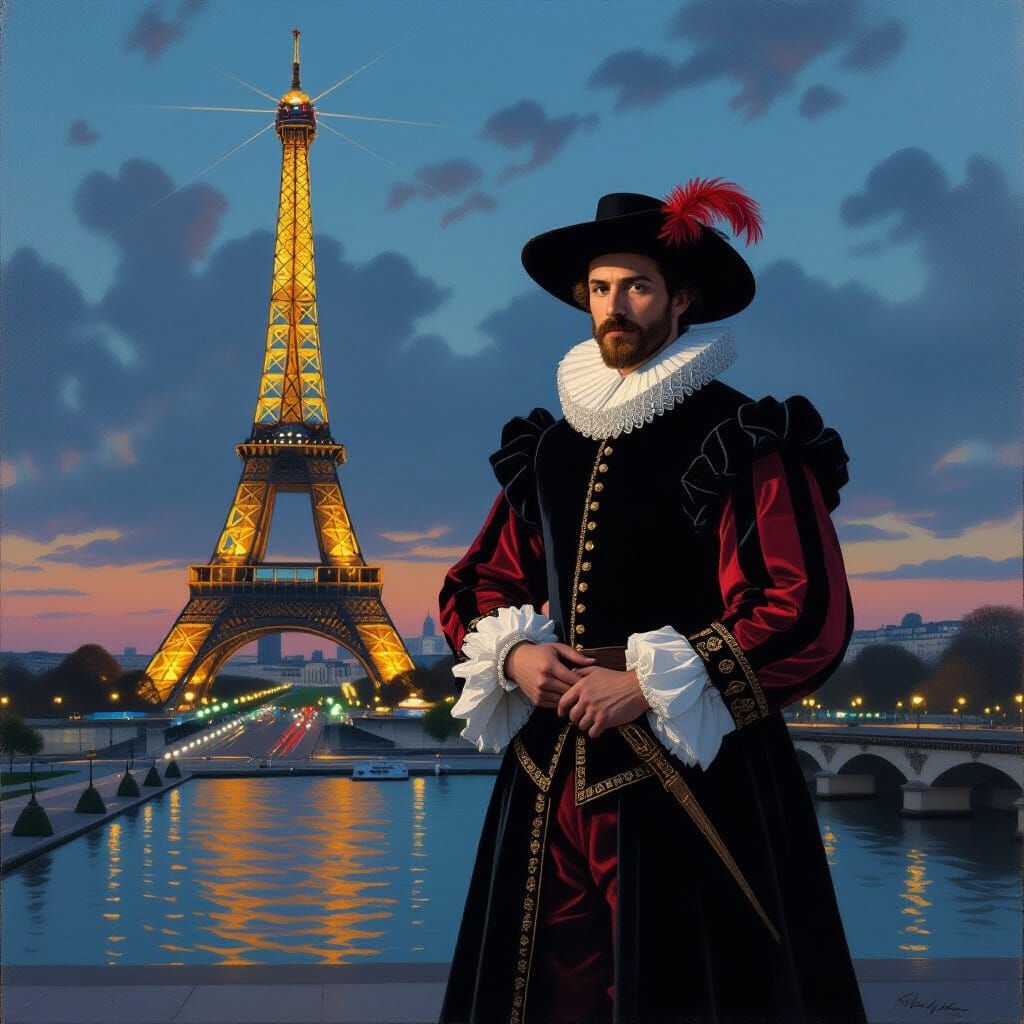 Michelangelo at the Eiffel Tower: Baroque Oil Painting