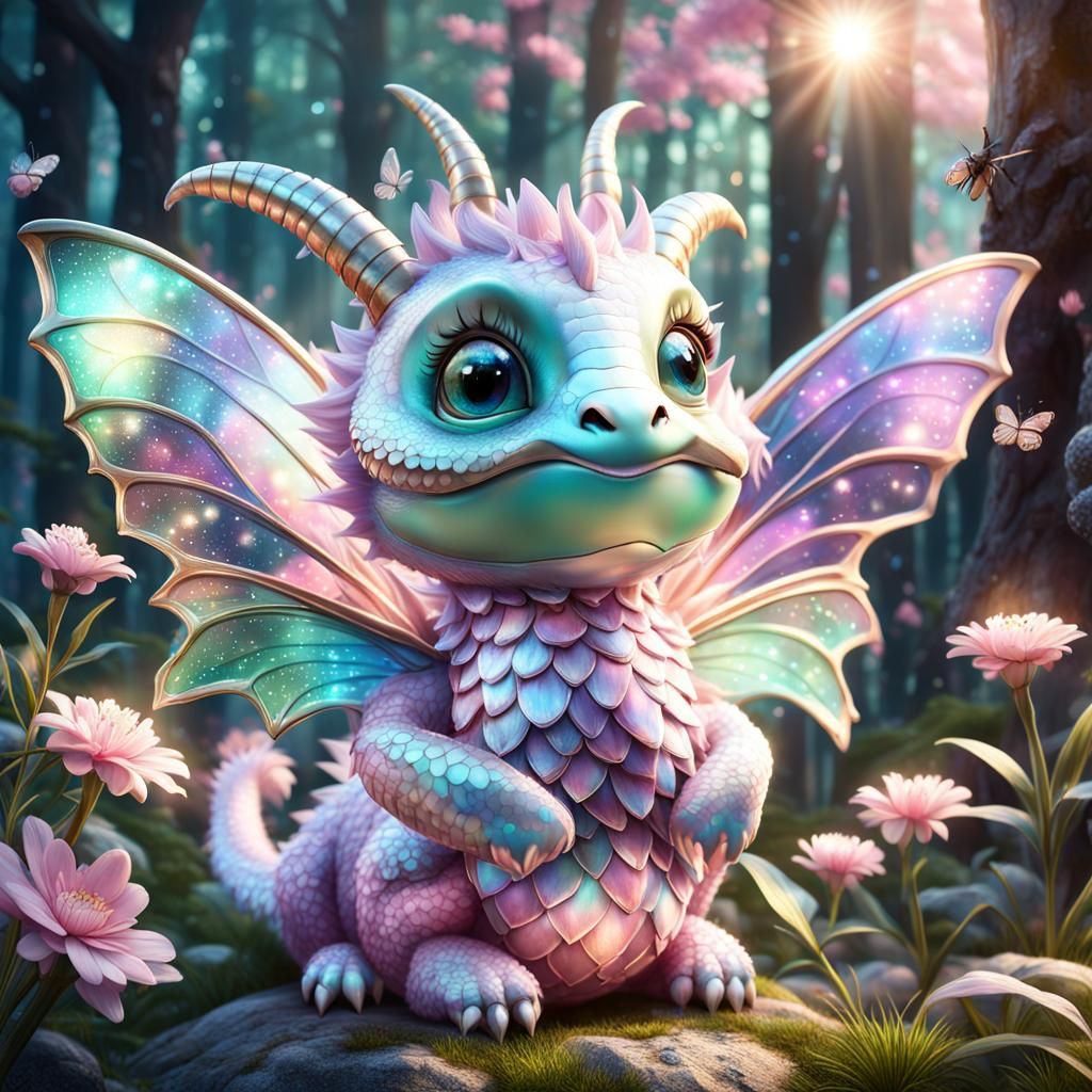 Iridescent Dragon and Butterfly in Mystical Forest