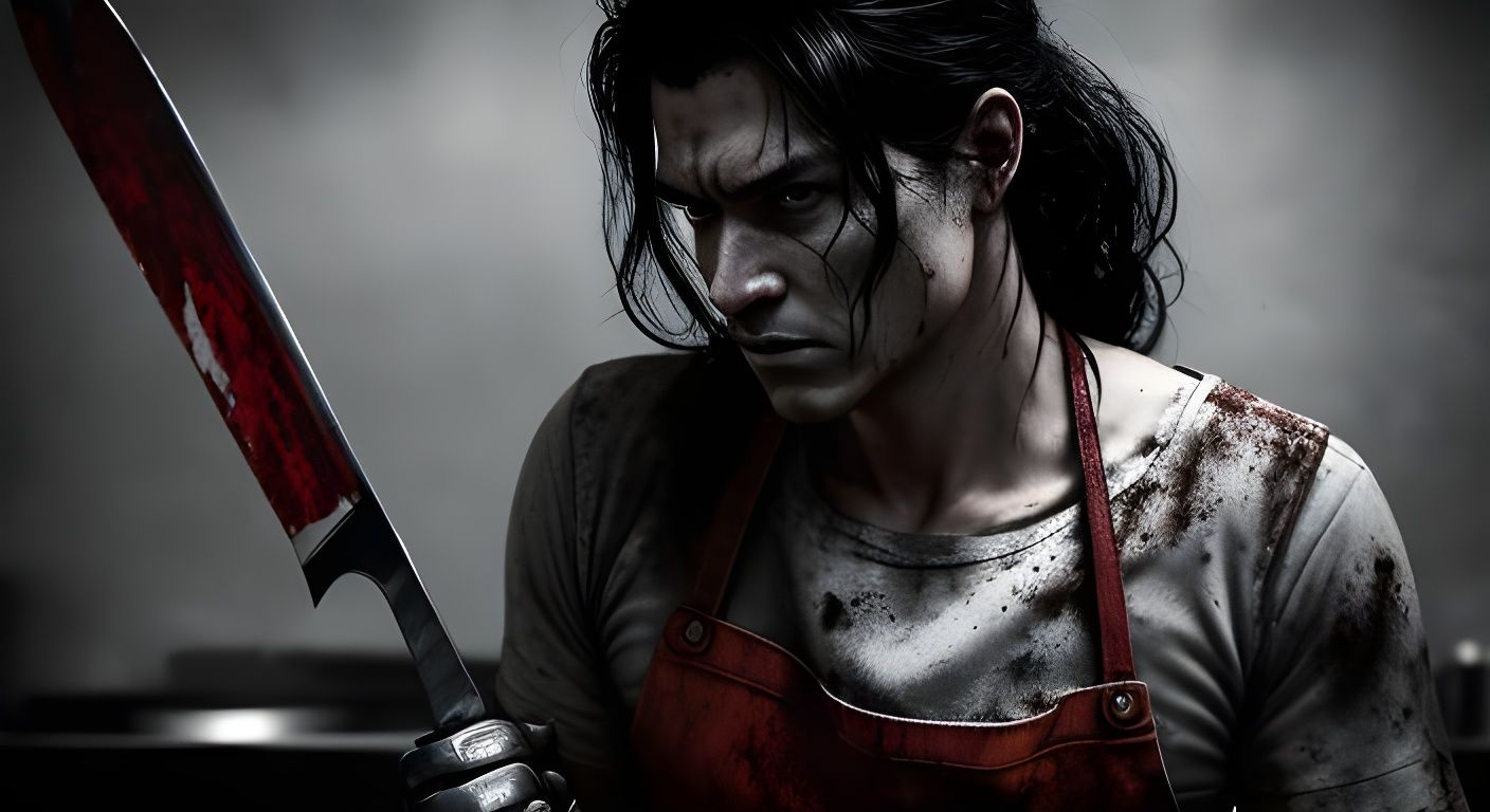 Menacing Chef in Grim Restaurant Kitchen Portrait