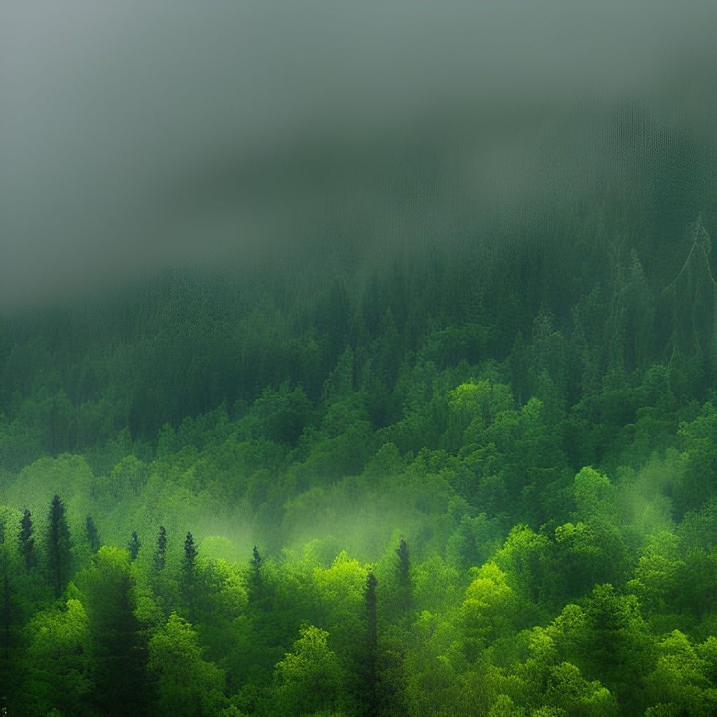 Gloomy Green Forest Landscape with Misty Mountains