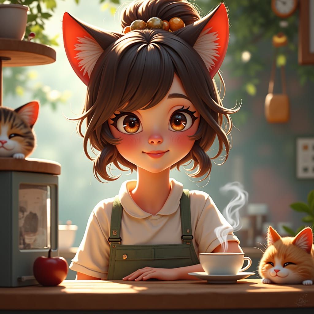 Barista in Cat Cafe: Painterly Art Nouveau Portrait