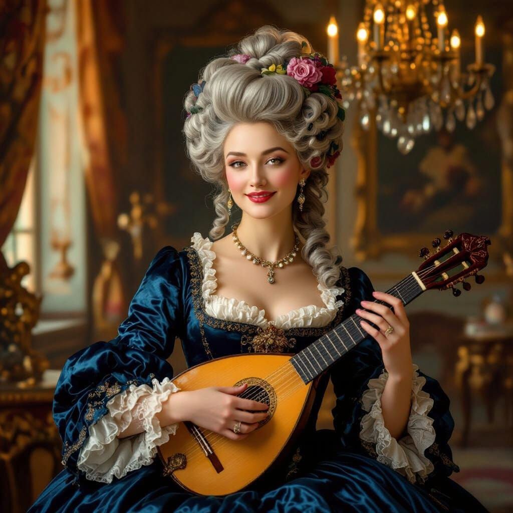 Rococo Lady Plays Lute in Ornate Chamber