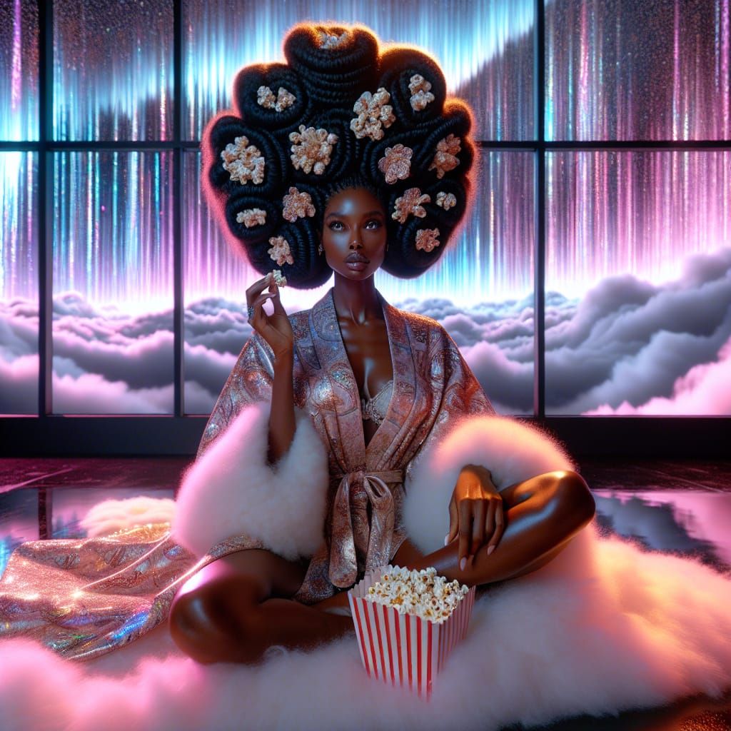 Glamorous Afro-Descendant Woman in Futuristic Prismatic Rain...