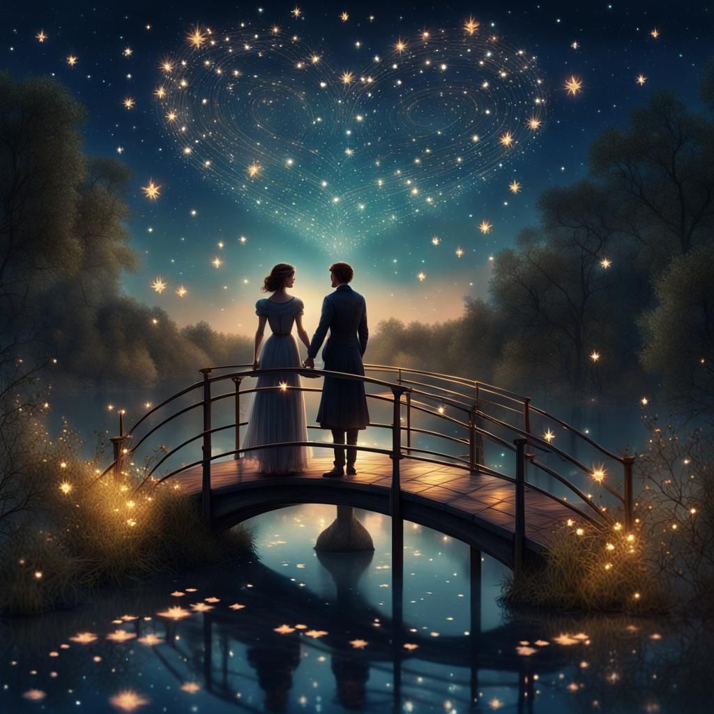 Starry Night: Figures on Moonlit Bridge