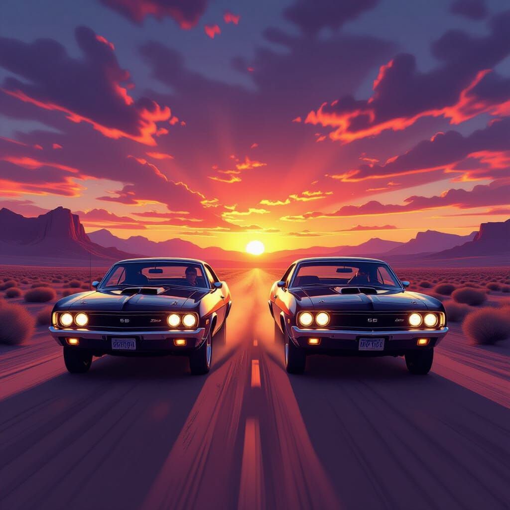 Muscle Cars Race Through Desert Sunset