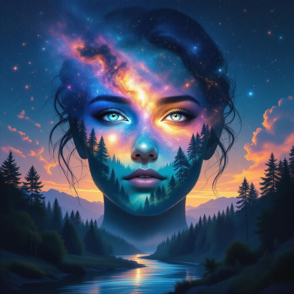 Surreal Giant Portrait with Galaxy Eyes and Forest River