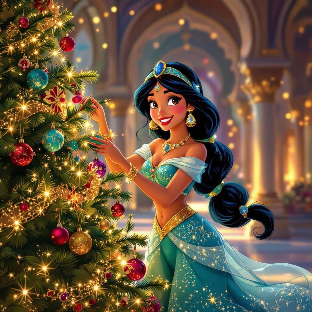 Princess Jasmine Decorates Christmas Tree in Royal Palace