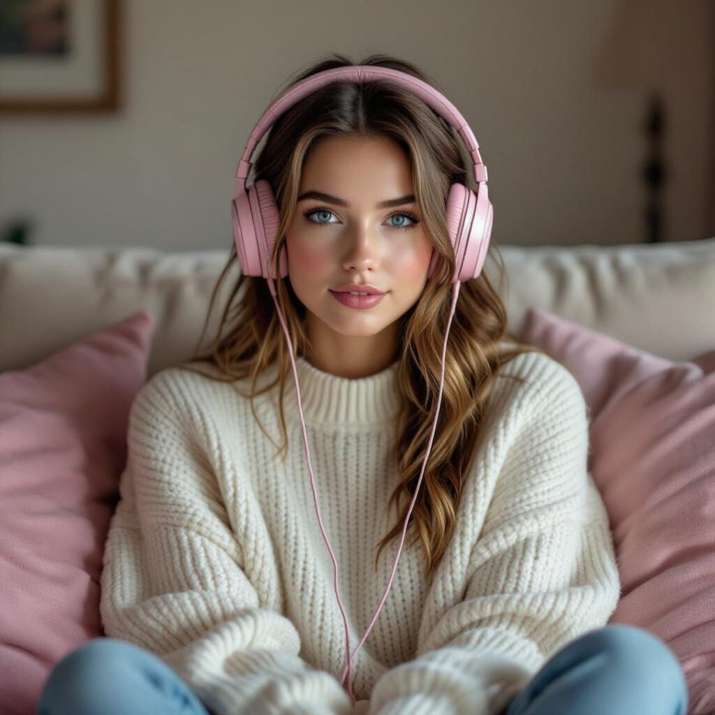 Woman in Sweater with Headphones on Sofa