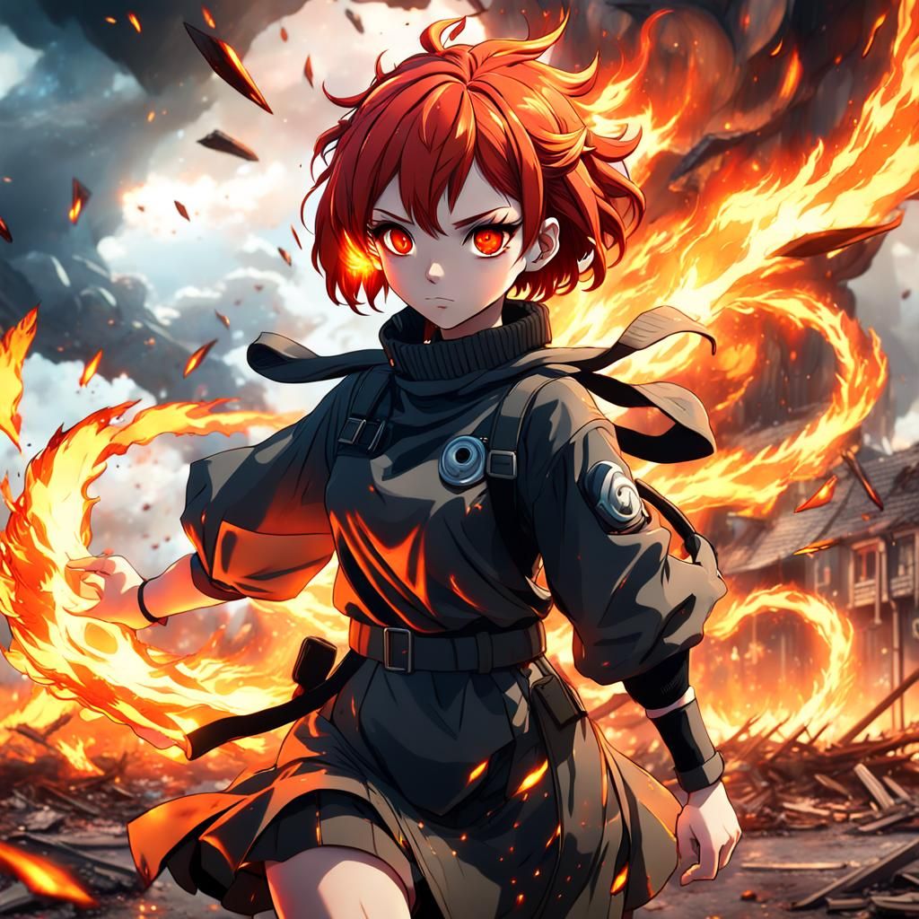 Anime Girl in Fire Tornado: Detailed Digital Art
