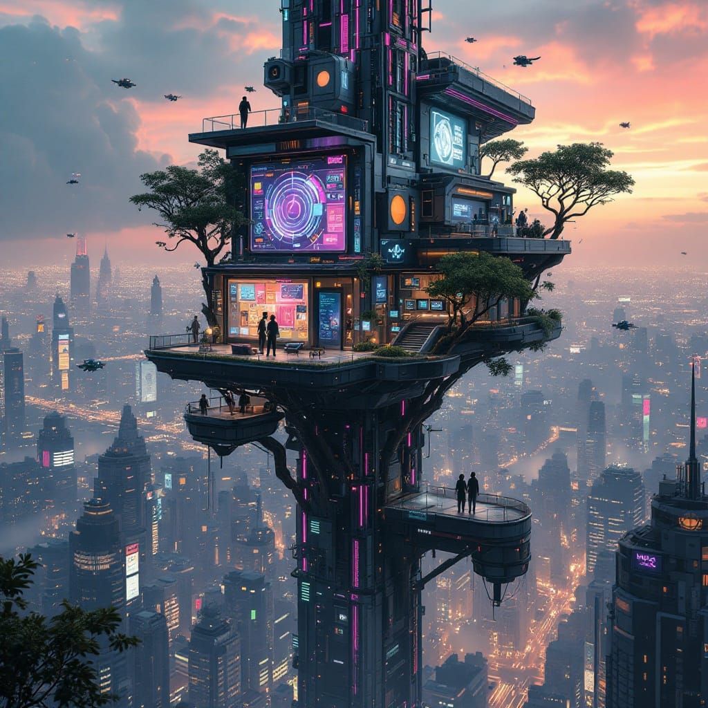 Cyberpunk Treehouse in Futuristic Metropolis