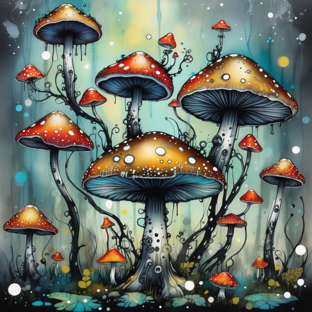 Whimsical Mushroom in Pointillist Fantasy Art