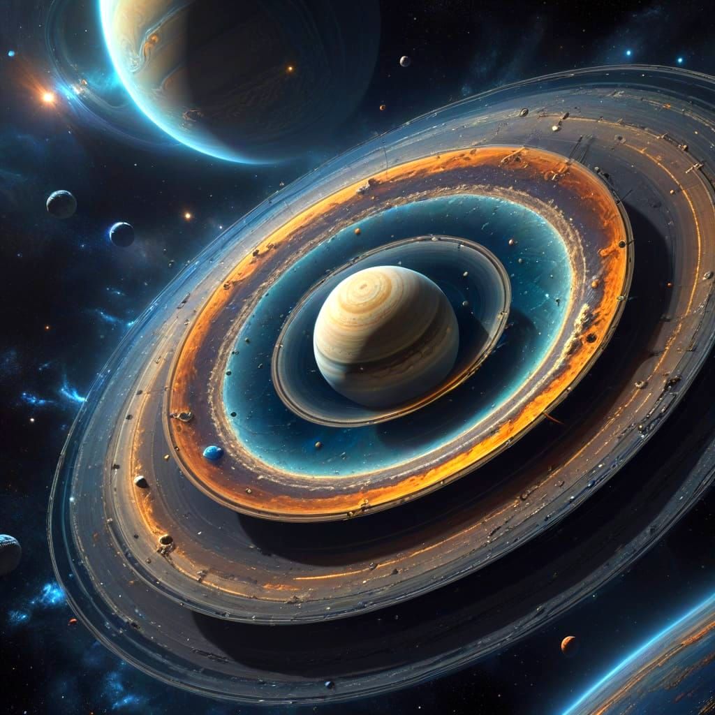 Surreal Gas Giant Planet with Rings and Moons in a Spiral Ga...