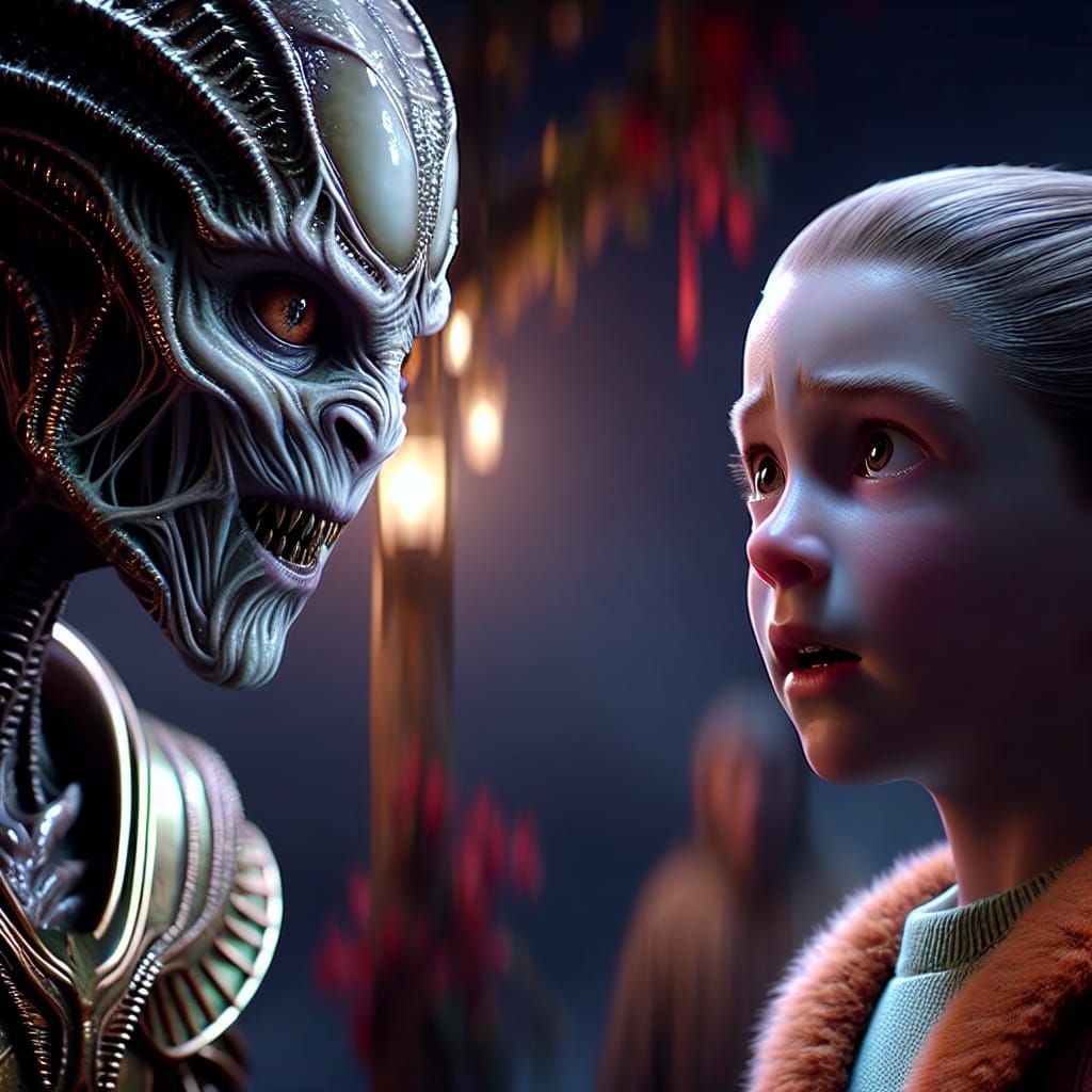 Terrifying Alien Confronts Girl in Digital Painting