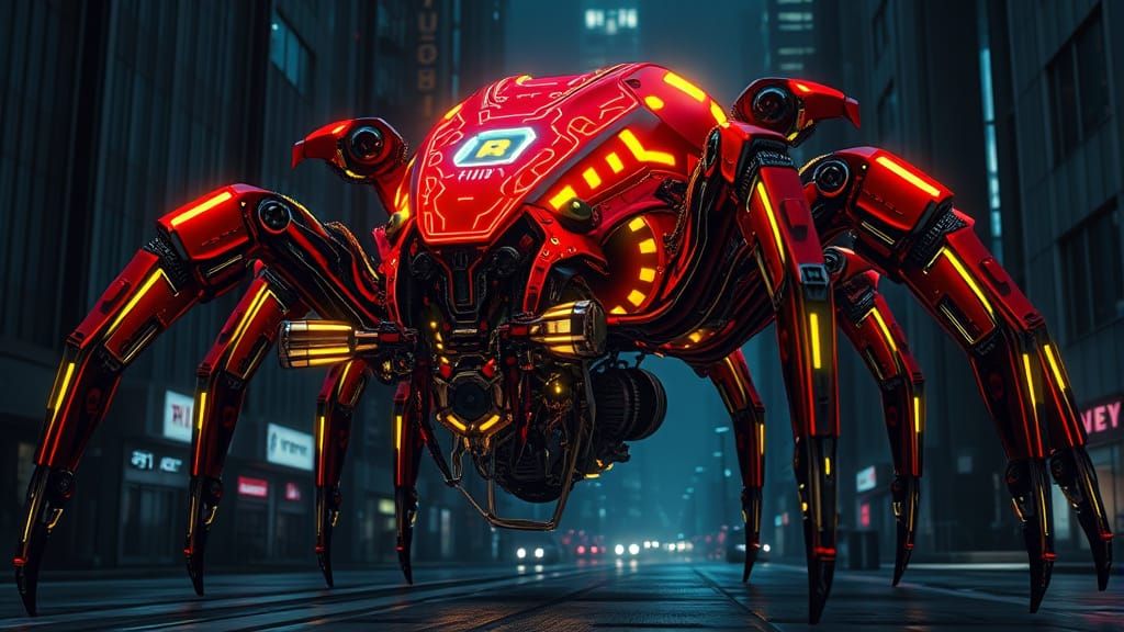 Giant Mecha-Spider Prowls City at Night