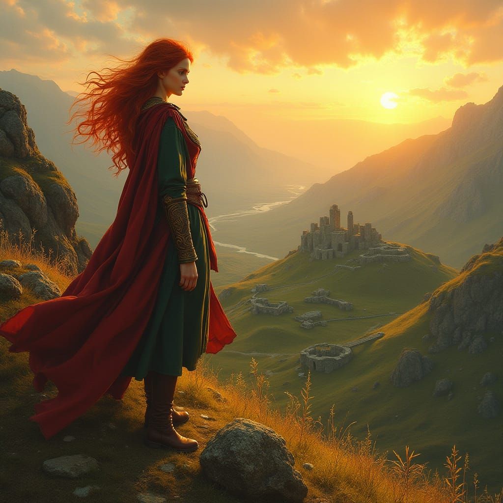 Woman Overlooking Celtic Ruins as Romantic Landscape
