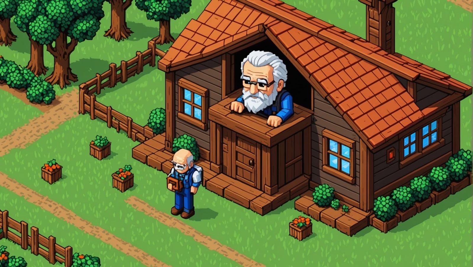 8-Bit Pixel Art: Old Man Sculpting a Cube