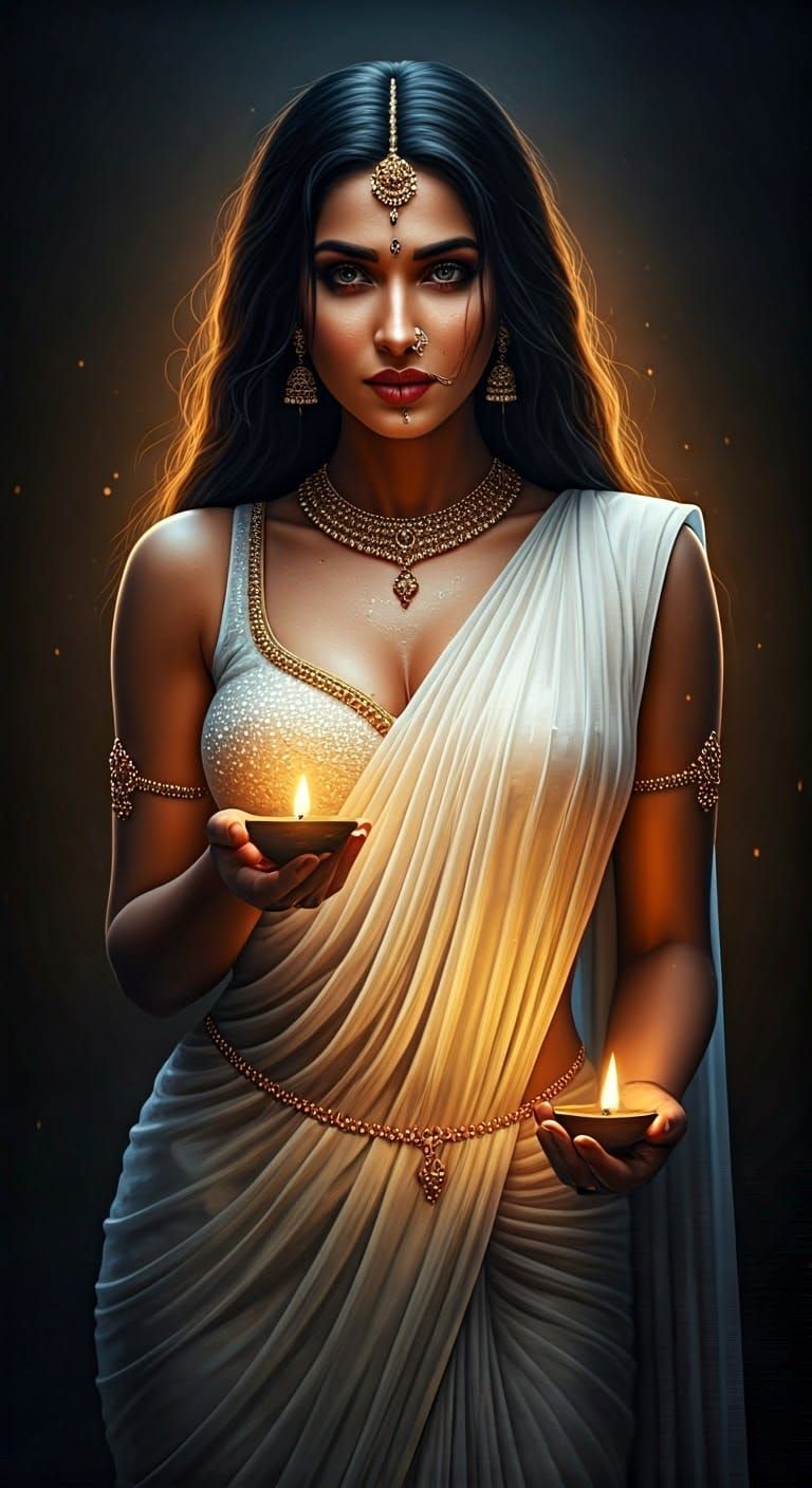 Ethereal Indian Goddess in Chiffon Saree Bikini Attire