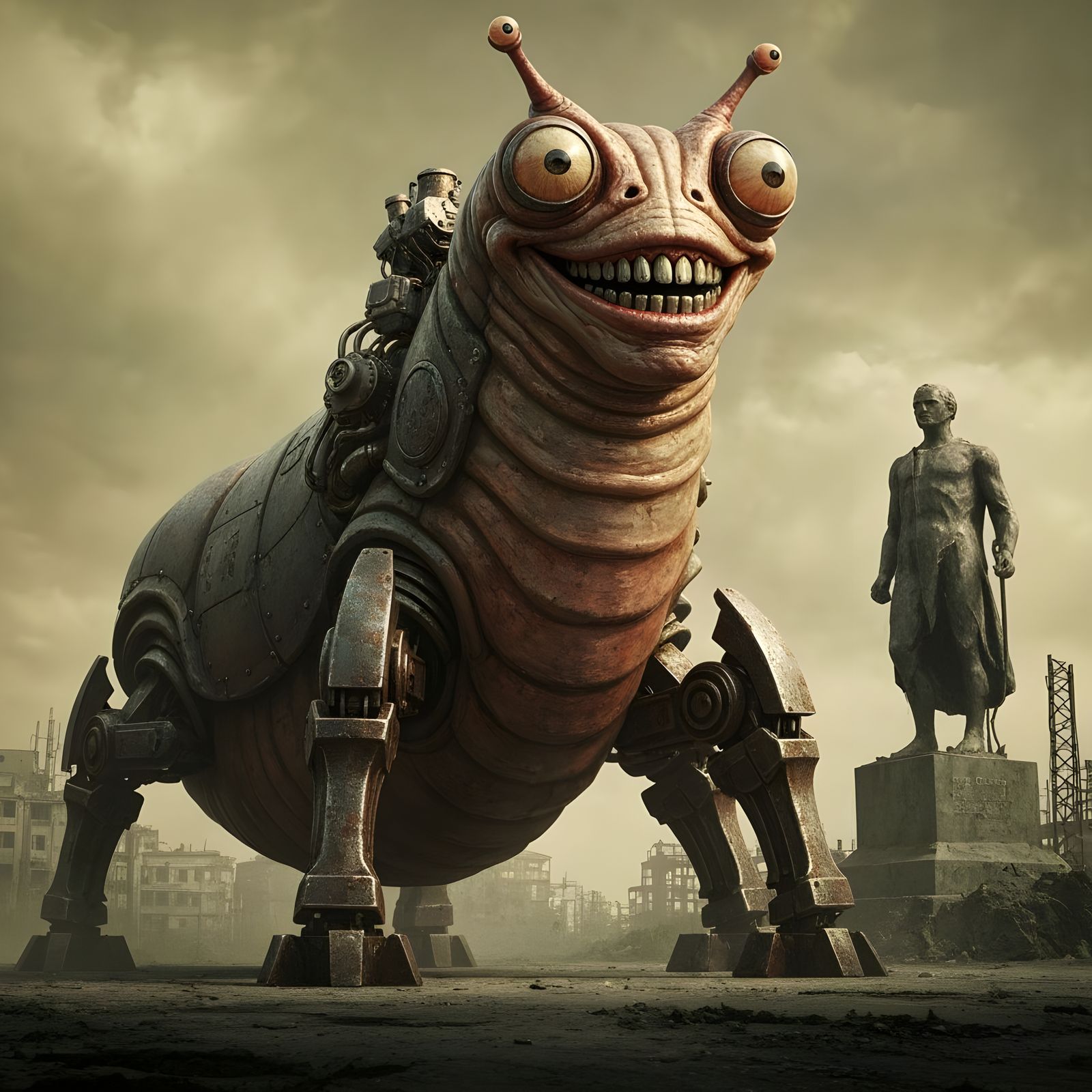 Dieselpunk Mechanical Slug in Dystopian City