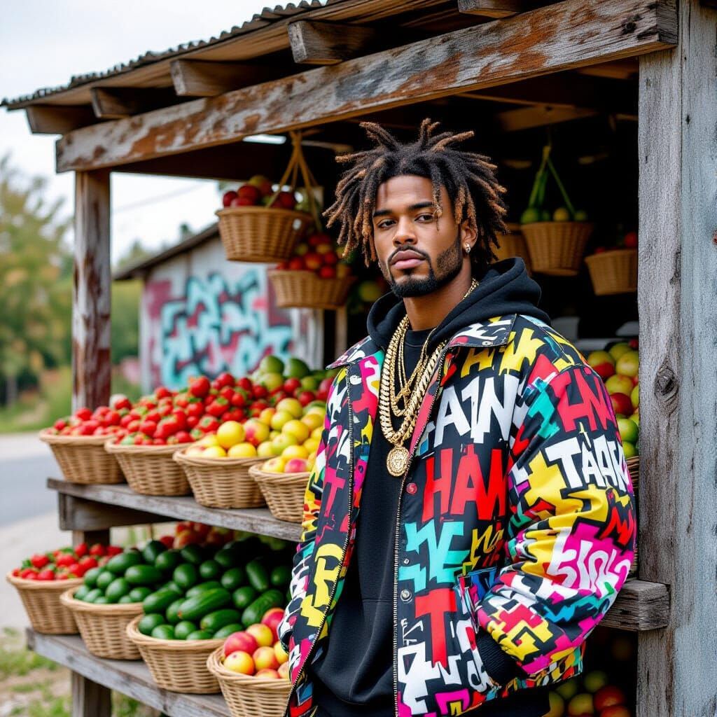 Hip Hop Artist at a Fruit Stand: Basquiat Style
