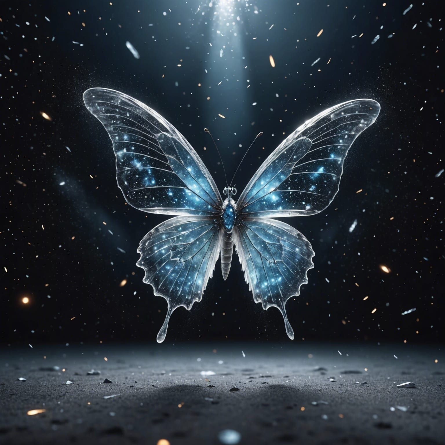 Ice Butterfly Soaring Over Galaxies in Photorealistic Style