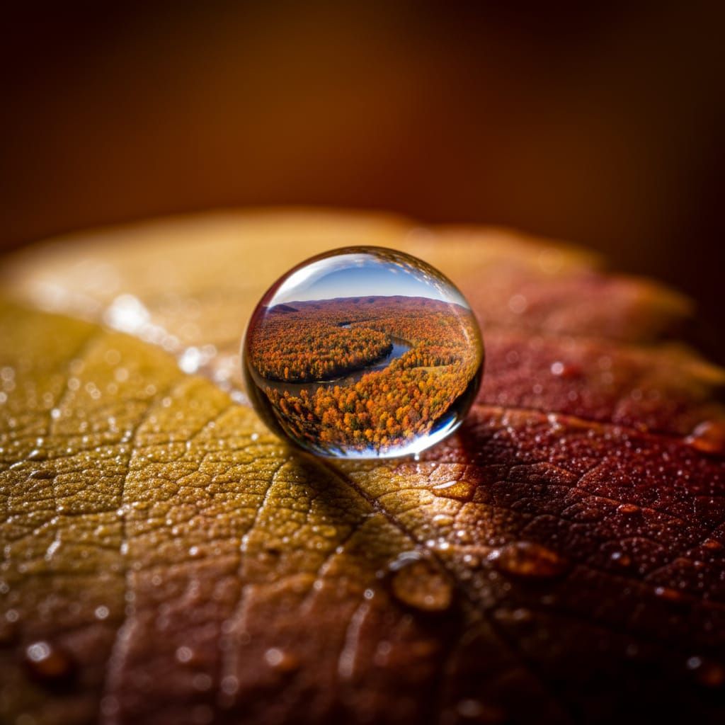 Autumn Landscape Reflected in Water Drop on Leaf