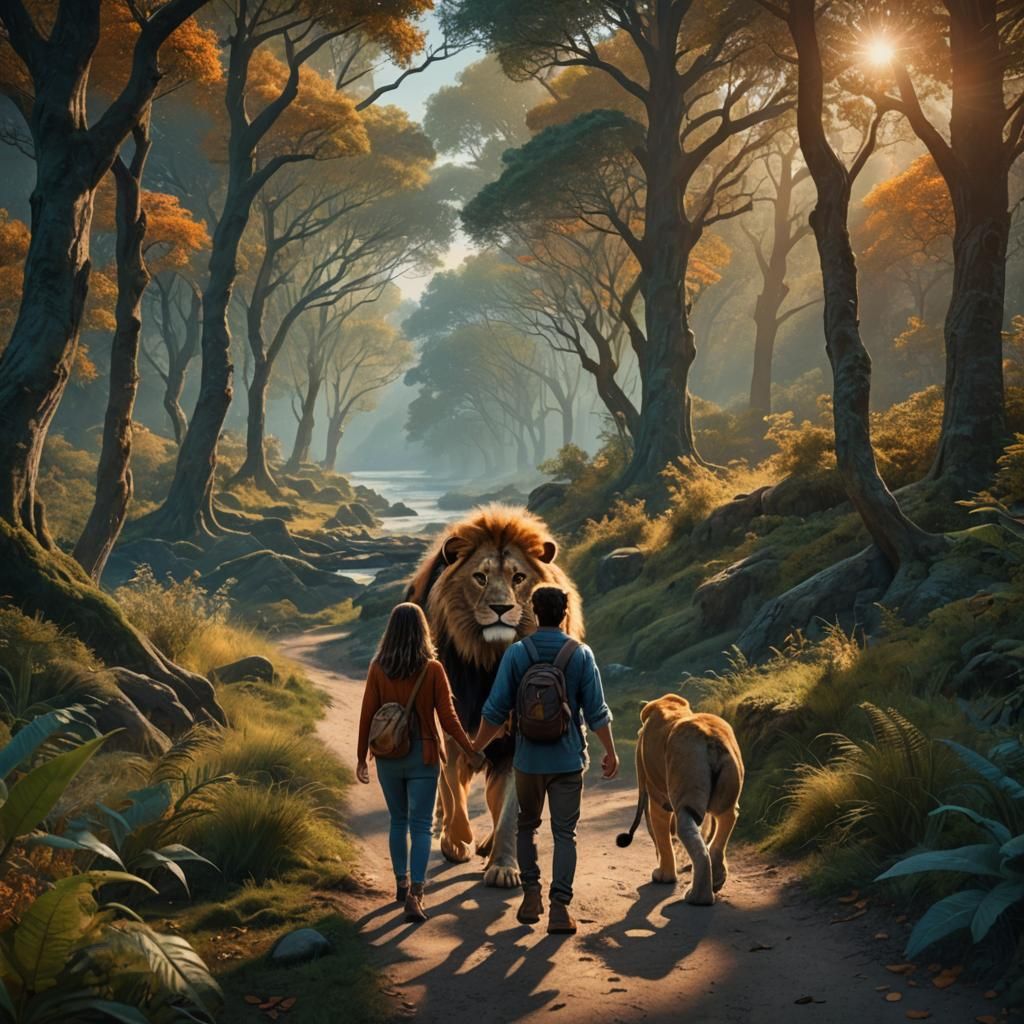 Couple and Lion on Forest Path: Fantasy Art