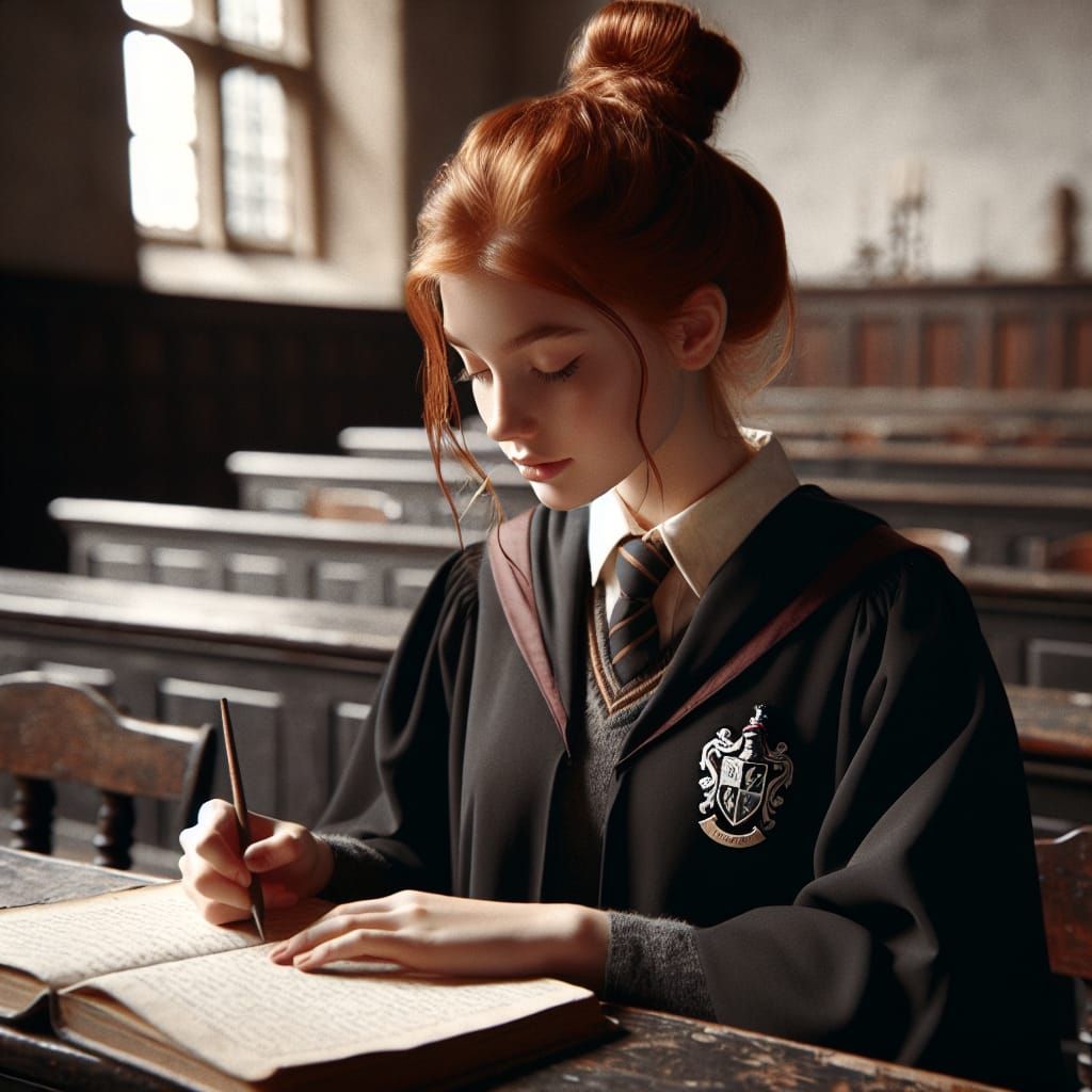Ginger-Haired Student Writes in Hogwarts Classroom