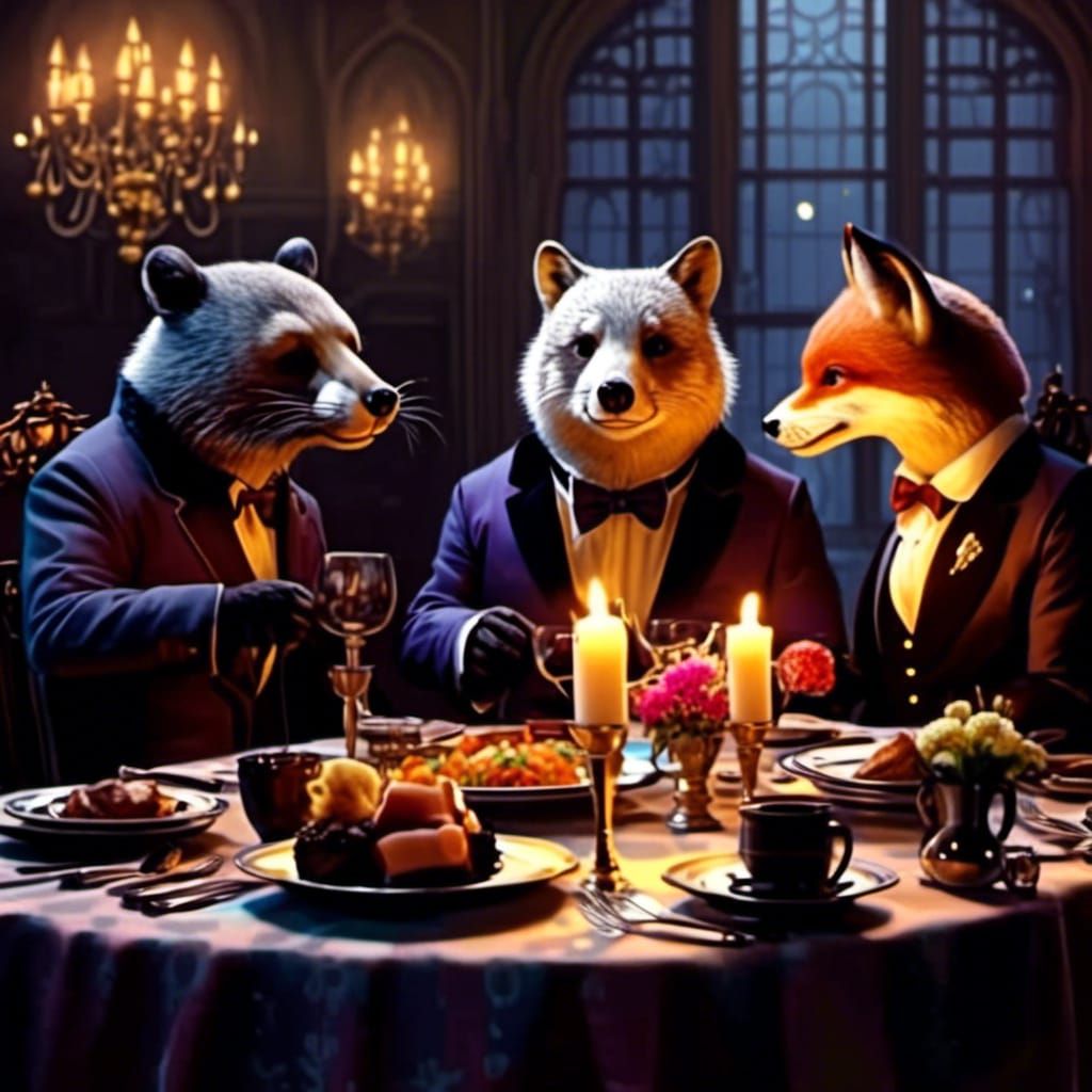 Cartoon Animals at a Formal Dinner