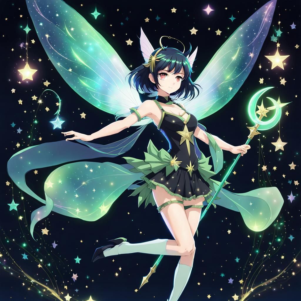 Anime Fairy with Glowing Staff in Starry Scene