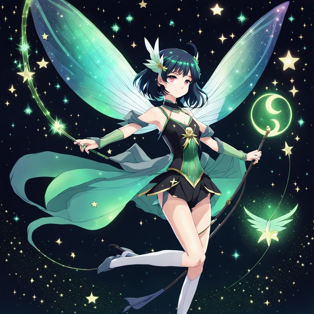 Anime Fairy with Staff in Starry Landscape